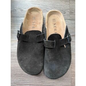 SERRA Black Suede Leather Clogs‎ Mules Slides Comfort Casual Shoes Size 7